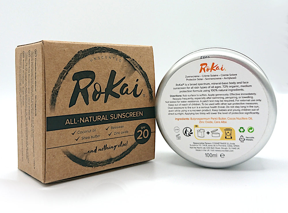 RoKai All Natural Sunscreen, 4 ingredients, ocean safe, zero waste, coconut oil, beeswax, Shea butter, zinc oxide, SPF20