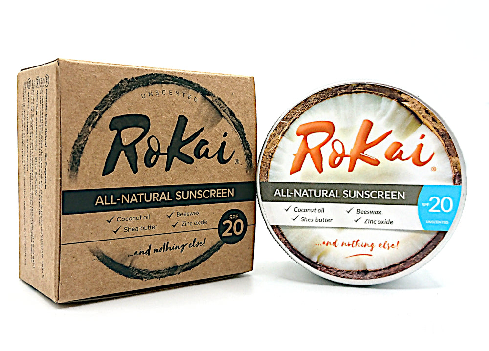 RoKai All Natural Sunscreen, 4 ingredients, ocean safe, zero waste, coconut oil, beeswax, Shea butter, zinc oxide, SPF20