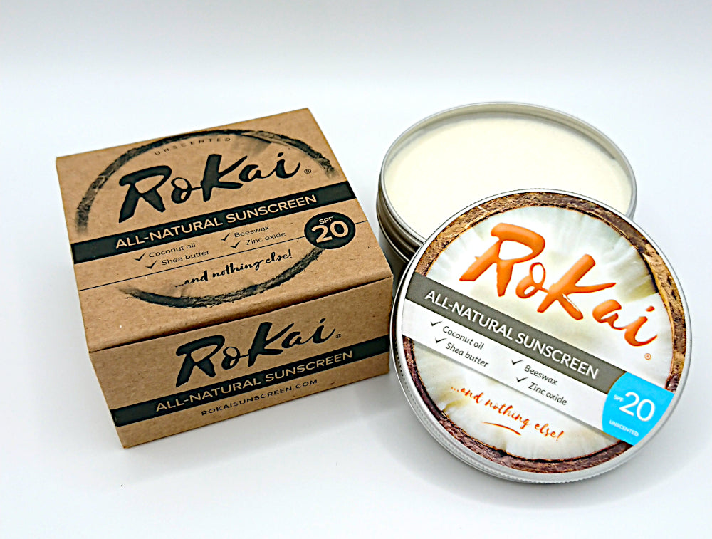 RoKai All Natural Sunscreen, 4 ingredients, ocean safe, zero waste, coconut oil, beeswax, Shea butter, zinc oxide, SPF20