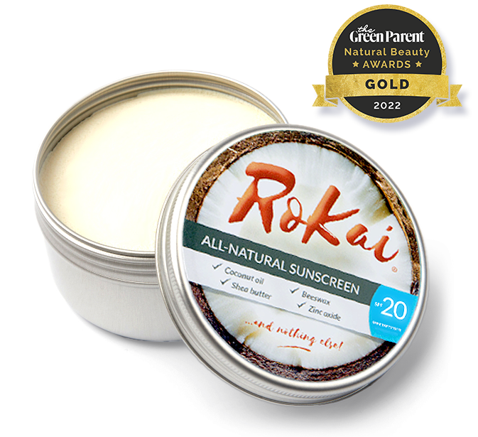 RoKai All Natural Sunscreen, 4 ingredients, ocean safe, zero waste, coconut oil, beeswax, Shea butter, zinc oxide, SPF20