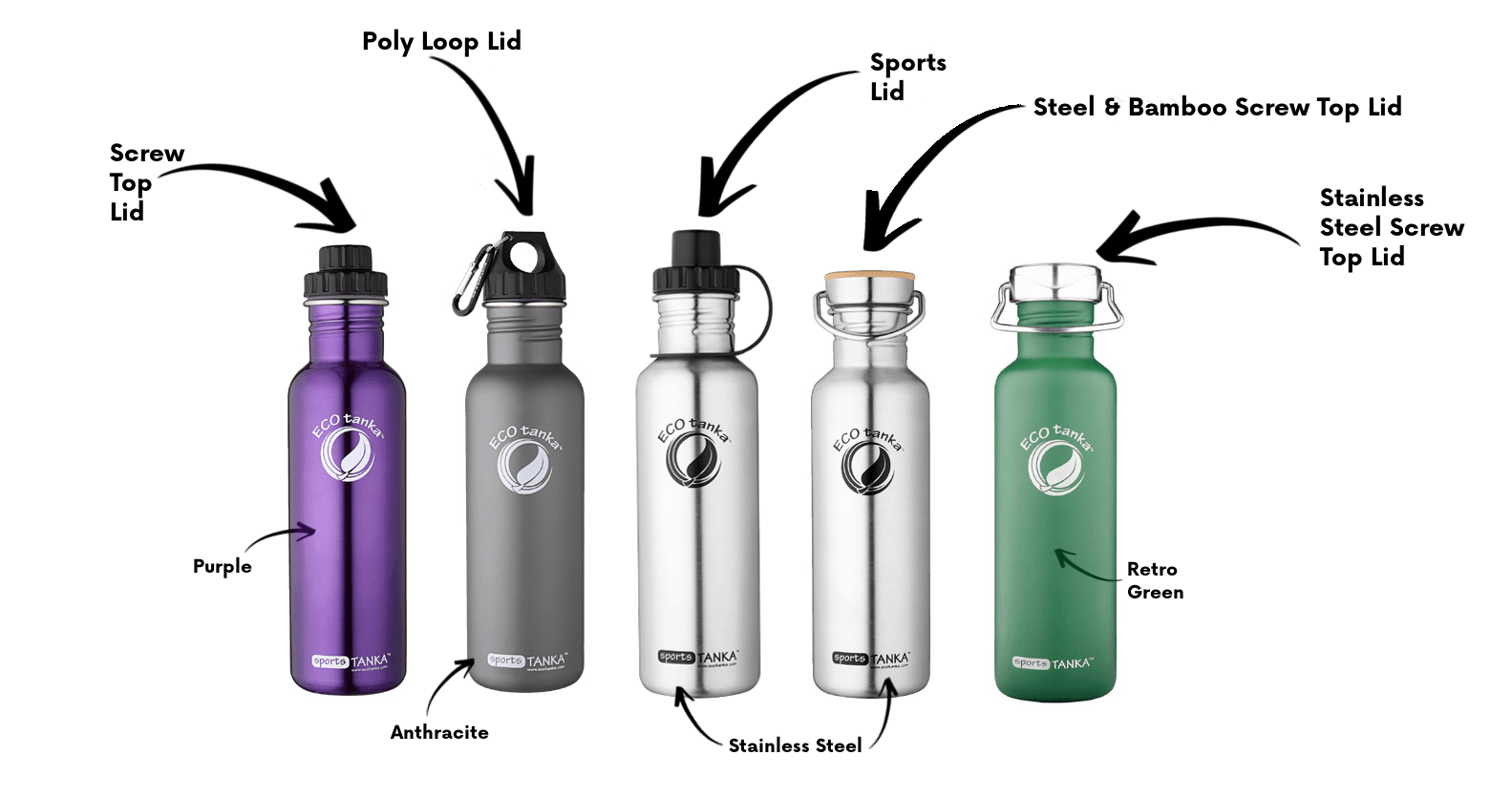 800ml ECOtanka™ Single Wall Reusable Bottles, stainless steel, eco friendly